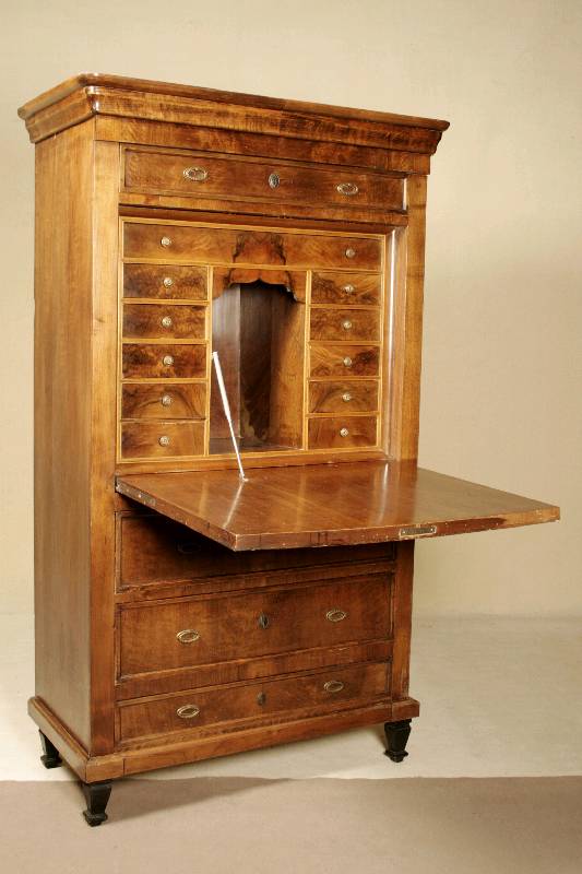 Schranksekretär, deutsch, um 1870/80, Gründerzeit, Korpus Weichholz, Wurzelnußfurnier z.T. gespiegelt verlegt, 4-schübig, sparsame Zierleisten, ...