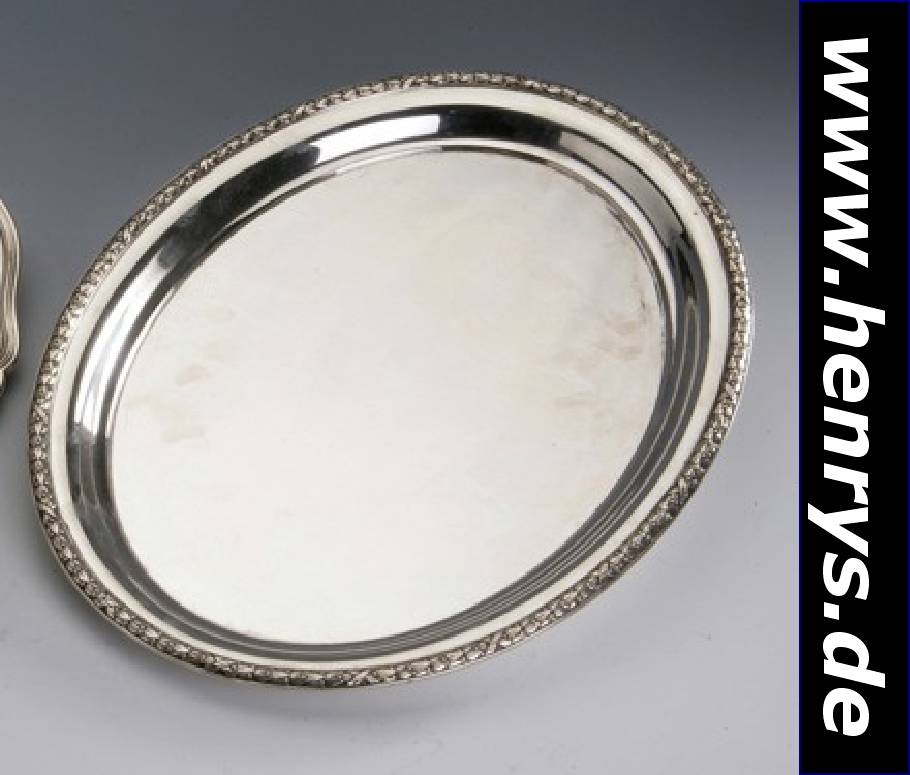 Tablett, deutsch, Berlin um 1905/10, Meistermarke H. Meyen & Co, 800er Silber, Kreuzbanddekor, zeitlos, elegant, ca. 39.5 x 31 cm, total ca. 1000 g, ...