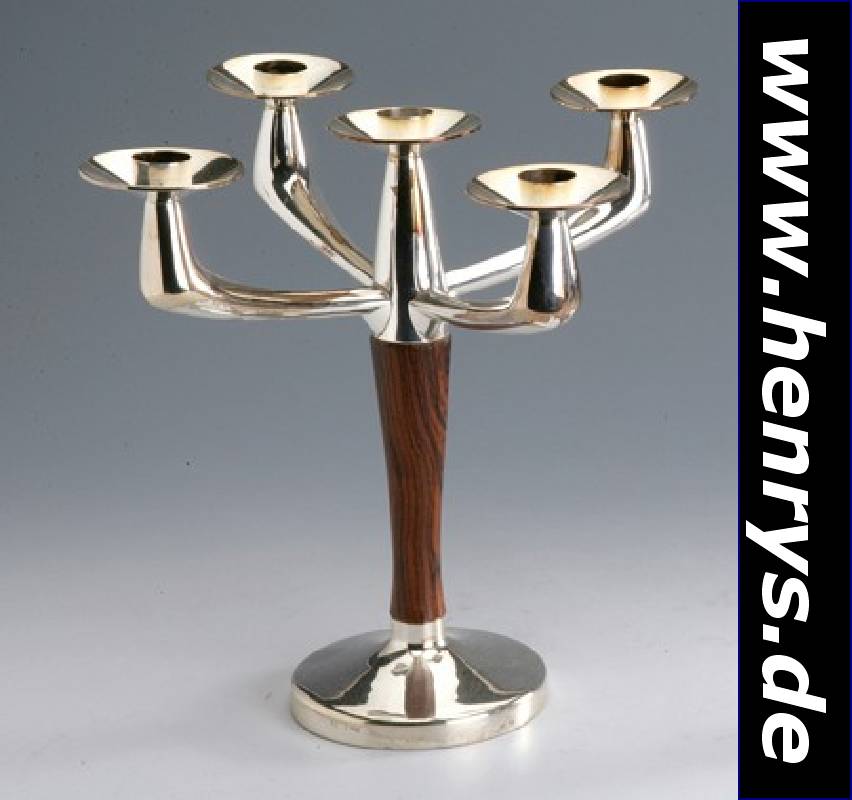 Girandole, deutsch, 50er Jahre, 925er Silber/Edelholz, Meistermarke Gebr. Kühn, Schwäbisch-Gmünd, H ca. 29 cm, D ca. 32 cm, total ca. 823 g