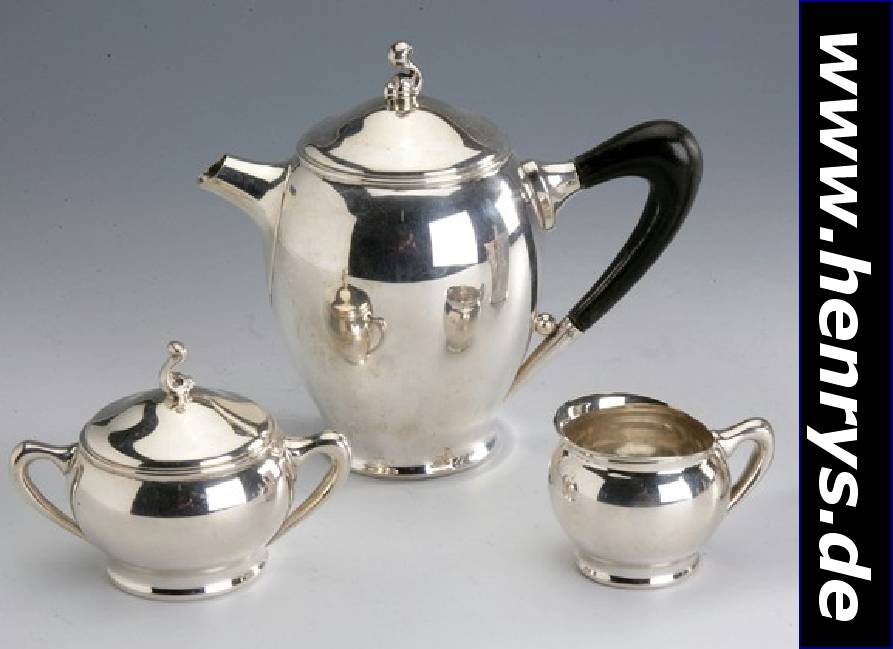 3-teiliges Mocca-Service, Dänemark, Silber, Kopenhagen 1954, Meistermarke Sven Povlsen,best. aus: Kanne (Holzgriff schwarz gelackt, H ca. 16 cm), ...