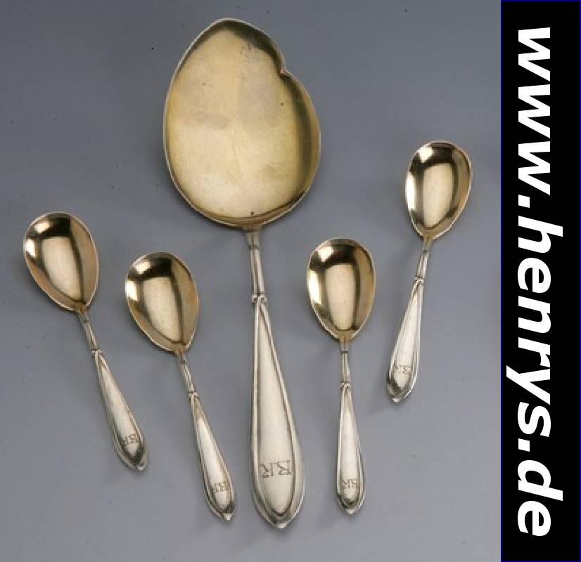 Eis-Besteck, Franz Bahner, Entwurf "Peter Behrens", deutsch um 1905, 800er Silber, best. aus: 12 Eislöffeln und ein Vorlegelöf- fel, ...