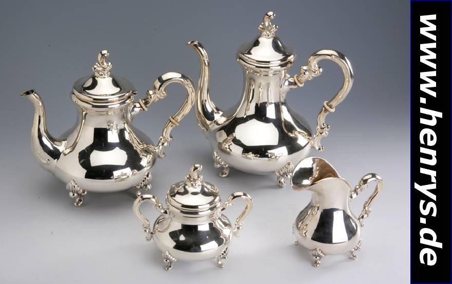 Kaffee- und Teeservice, deutsch um 1890/1900, 925er Silber, best. aus: Kaffee- und Teekanne (Griff mit Dämmringen, Deckel mit Scharnier, H. ca. 26 ...
