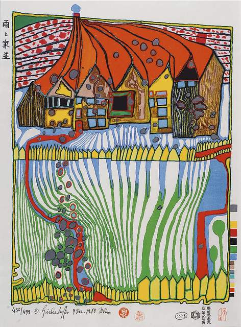 Hundertwasser, Friedensreich, 1928-2000, Farbsiebdruck von 1989, handsigniert, dat. und num. 432/499, ca. 50 x 38 cm, PP, u.Gl., R.