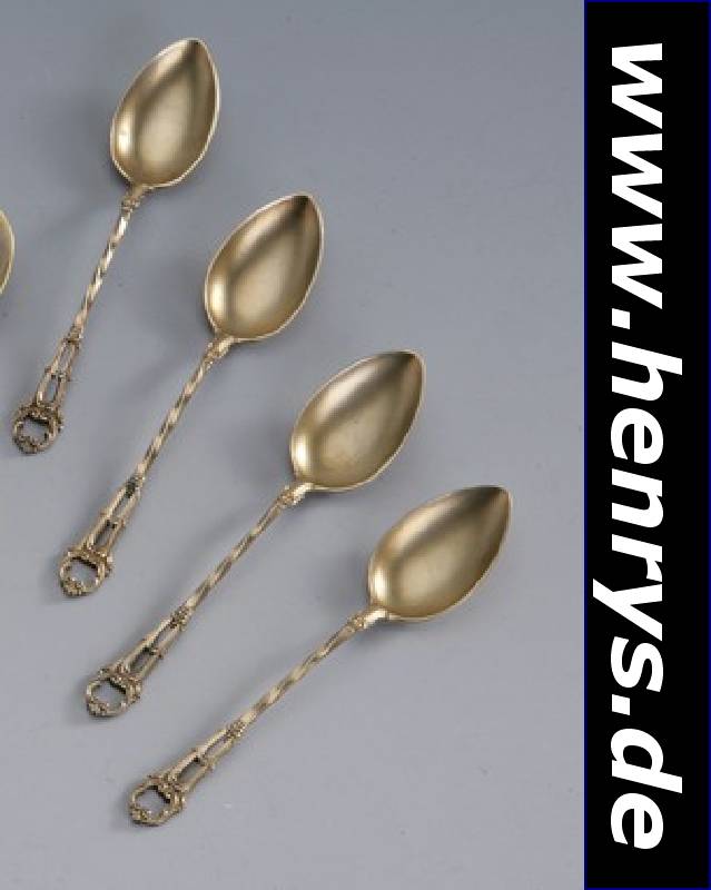 12 Mokkalöffel, deutsch um um 1900, 800er Silber vergoldet, Meistermarke W. Schwechten Berlin, Vertreiber Beysen, Frank- furt/O., orig. Etui, ...