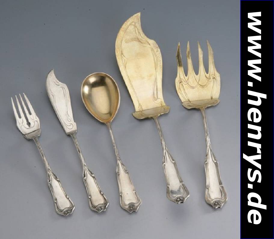 Fischbesteck für 8 Personen, deutsch um 1903, Vereinigte Silberwaren-Fabriken AG, Düssel-dorf, 800er Silber, schwere Ausführung, beid- seitig ...