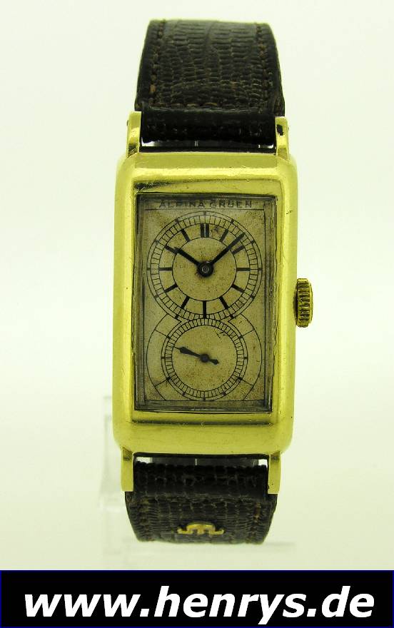 ALPINA/GRUEN Herrengoldarmbanduhr, sog. Doctors-Watch, Schweiz für den dtsch. Markt um 1935, 585/000 GG, rectangulär, M. ca. 44 x 20 mm, Boden ...