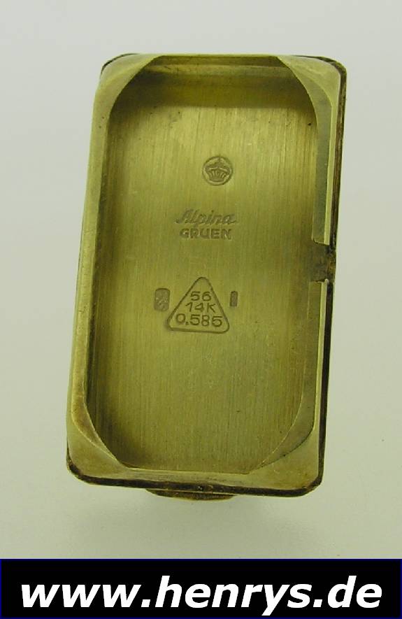 Detail c: ALPINA/GRUEN Herrengoldarmbanduhr, sog. Doctors-Watch, Schweiz für den dtsch. Markt um 1935, 585/000 GG, rectangulär, M. ca. 44 x 20 mm, Boden ...