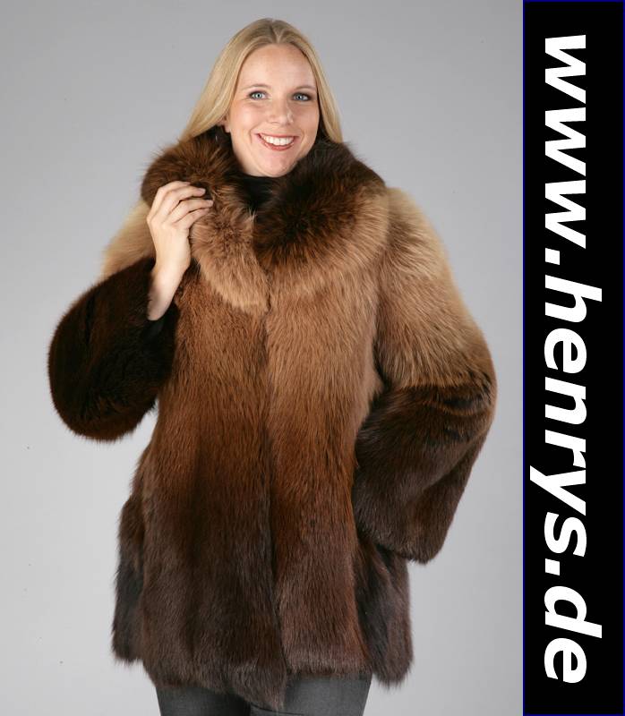 Jacke aus Blaufuchs, Gr. ca. 36/38, beige bis braun degradee gefärbt, schwarzes Innenfutter, Rückenl. ca. 79 cm