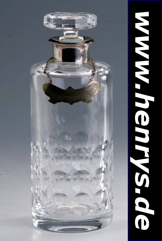 Glaskaraffe, deutsch nach 1950, 835er Silber, vertreiber Kern, Bleikristall, Label 800er Silber, Wilkens Bremen, H ca. 24 cm