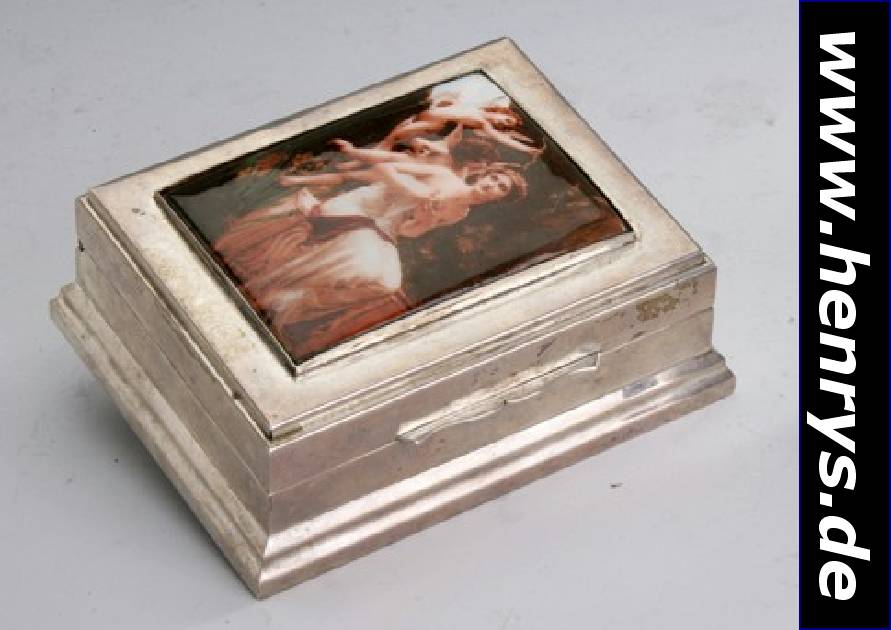 Deckeldose, Sterling Silber, Korpus Holz, Deckel mit eingelegtem Email- bild, schwere Ausf., ca. 4 x 11 x 9 cm
