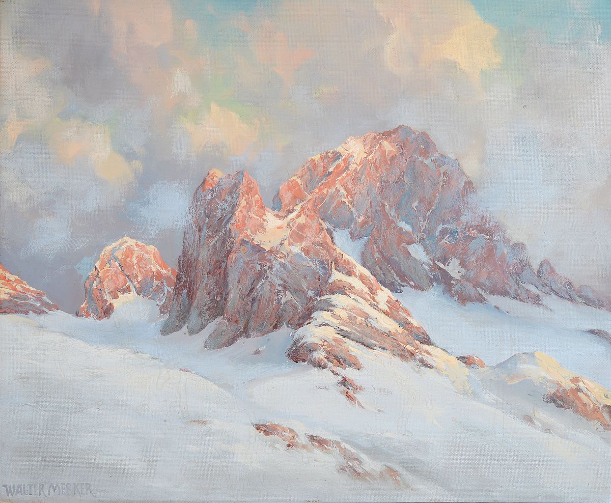 Merker, Walter, Schwarzwaldmaler 1930/40er Jahre, Dachsteingebirge, "Mitterspitze" so verso bez., Öl/Malkarton, signiert, 60 x 70 cm, ...