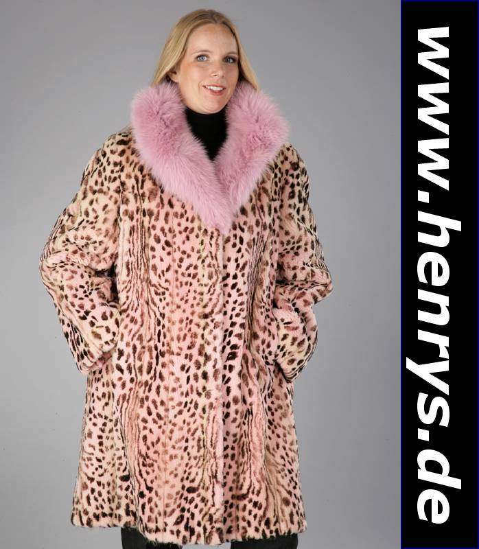 Geschorener Nerz mit Fuchskragen, Gr. ca. 40, beigefarb. Innenfutter, ausgelassene Felle in Leopardenprintoptik, pinkfarb. Fuchskragen (gefärbt), 2 ...