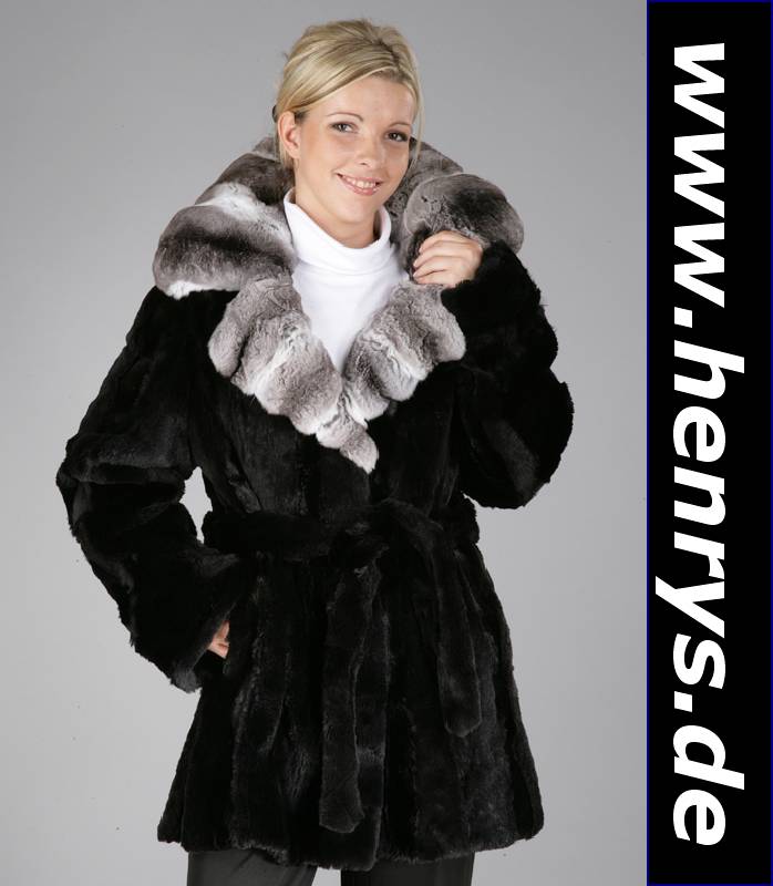 Bisamlongjacke mit Chinchillakragen, Gr. ca. 40/42, schwarze, geschorene Felle, Innenlabel Exklusive Pelzmode Atelier Zara, breiter ...