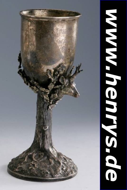 Jagdkelch, deutsch um 1900, dat. 1905, Wilkens Bremen, 800er Silber, Modell Nr. 158336, Fuß in Form einer Eiche, dargestellt mit versch. Kräutern ...