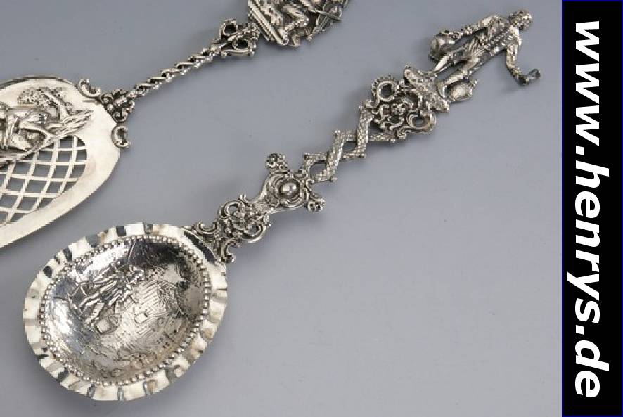 Zierlöffel, deutsch Hanau um 1900, Meistermarke Weinreb, aufwendige Handarbeit, Silber gepr., auf Kuhle bäuerliche Szene, Griffende mit ...