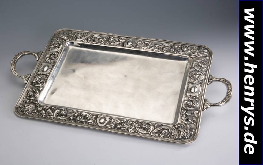 Großes Prunktablett, 925er Silber, reich floral verziert, 2 Griffe, schwere massive Ausführung, ca. 63 x 38 cm, ca. 1870 g