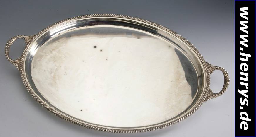 Großes Tablett, Amerika, Gorham, 925er Silber, Kordelrandverzierung, 2 Griffe, ovale Form, min. verbeult, ca. 63 x 41 cm, ca. 2640 g