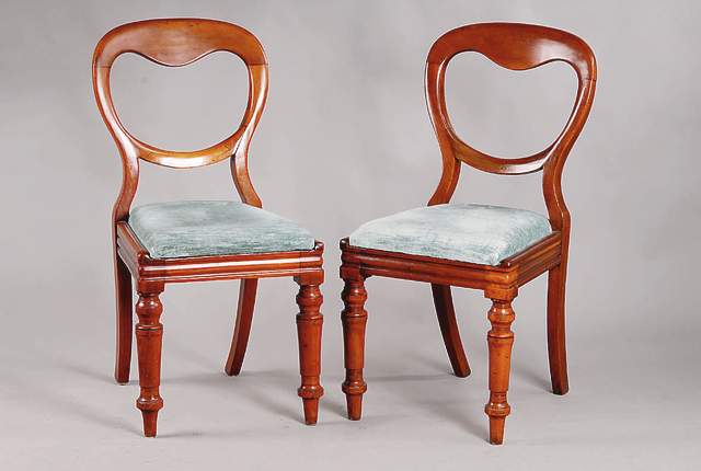 4 Stühle, England, um 1850/60, Rücken in Löffelform, mass.Nußbaum, Vorderbeine gedrechselt, typ.engl.Stil, viktor., Sitzkissen abnehmbar, neuer ...