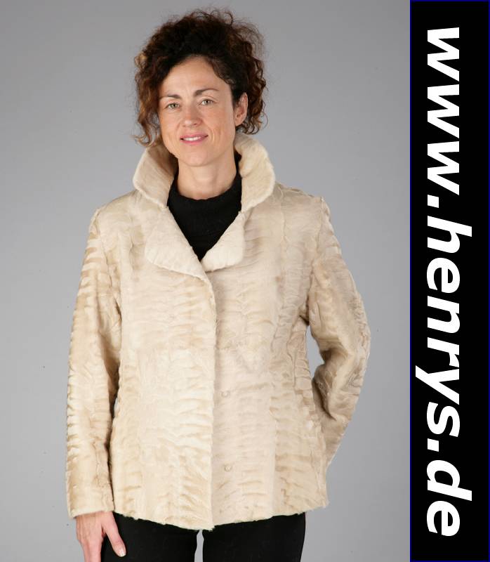 Helle Breitschwanzpersianerjacke, Gr. ca. 38, Innenlabel Pelz Flunkert/Remscheid, beigefarb. Innenfutter, 1 seitl. Innentasche, tailliert ...