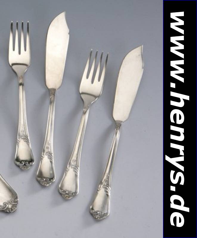 24-teiliges Fischbesteck für 12 Personen, deutsch, reiner Jugendstil, 800er Silber, Meistermarke "AUERHAHN", best. aus 12 Fischmessern ...