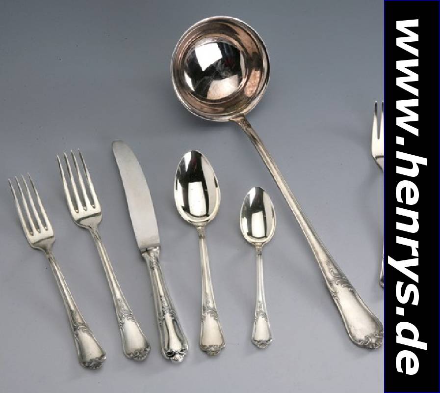 61-teiliges Besteck, Jugendstil, 800er Silber, Meistermarke "AUERHAHN", best. aus 6 Menuelöffeln, 9 Menuegabeln, 12 Menuemessern, 6 ...