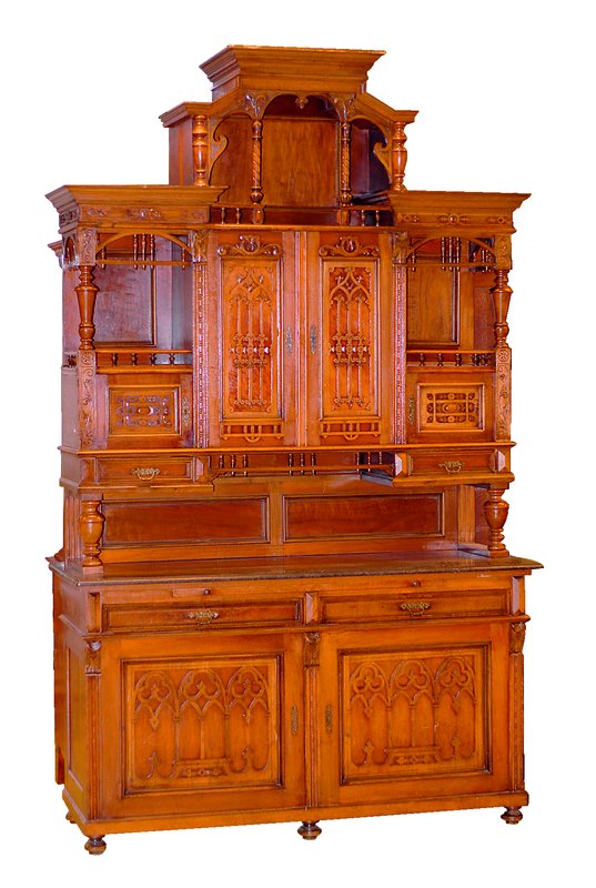 Vielzweckschrank, wohl Österreich, um 1870/80, Korpus Eiche u. WH, Eichefurnier, Balustrade reich gegliedert mit integrierten Schubladen, Fächern ...