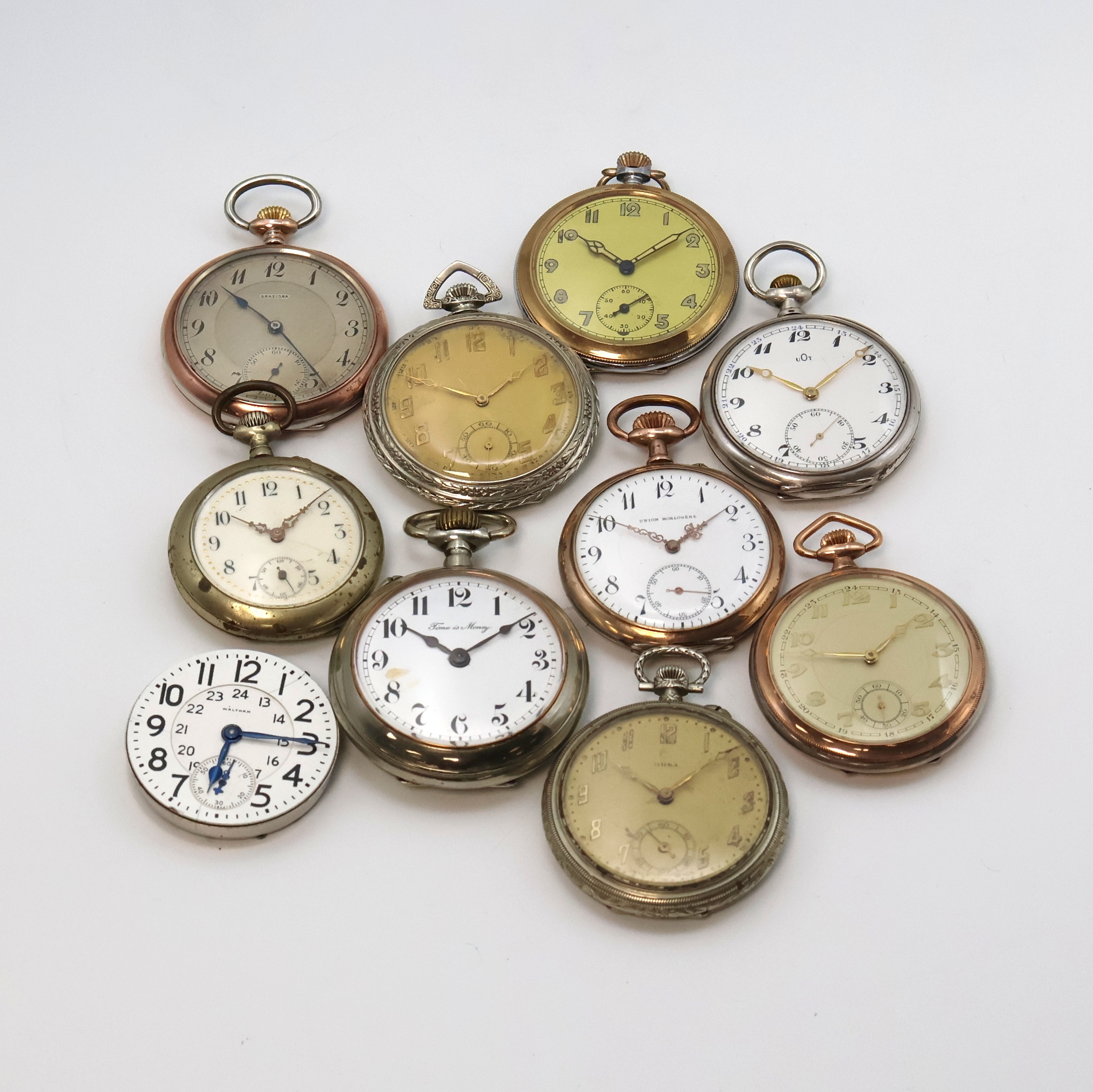 Konvolut: 10 Taschenuhren, Schweiz um 1890- 1920, Silber- u. Metallgeh., meist Metallbl., Zylinder- u. Ankerwerke, meist nicht gehfähig, zu rep. o. ...