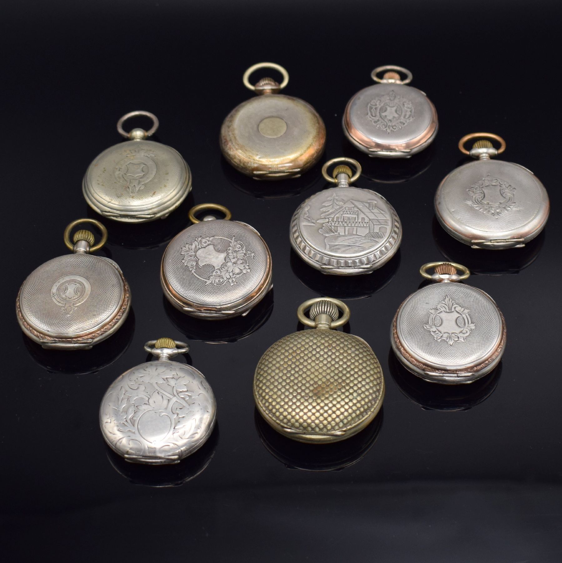 Detail c: Konvolut: 10 Taschenuhren, Schweiz um 1870- 1890, alle Zylinderwerke m. Emailblätter (z. T. beschäd.), meist Silbergeh., teils nicht ge-fähig, zum ...