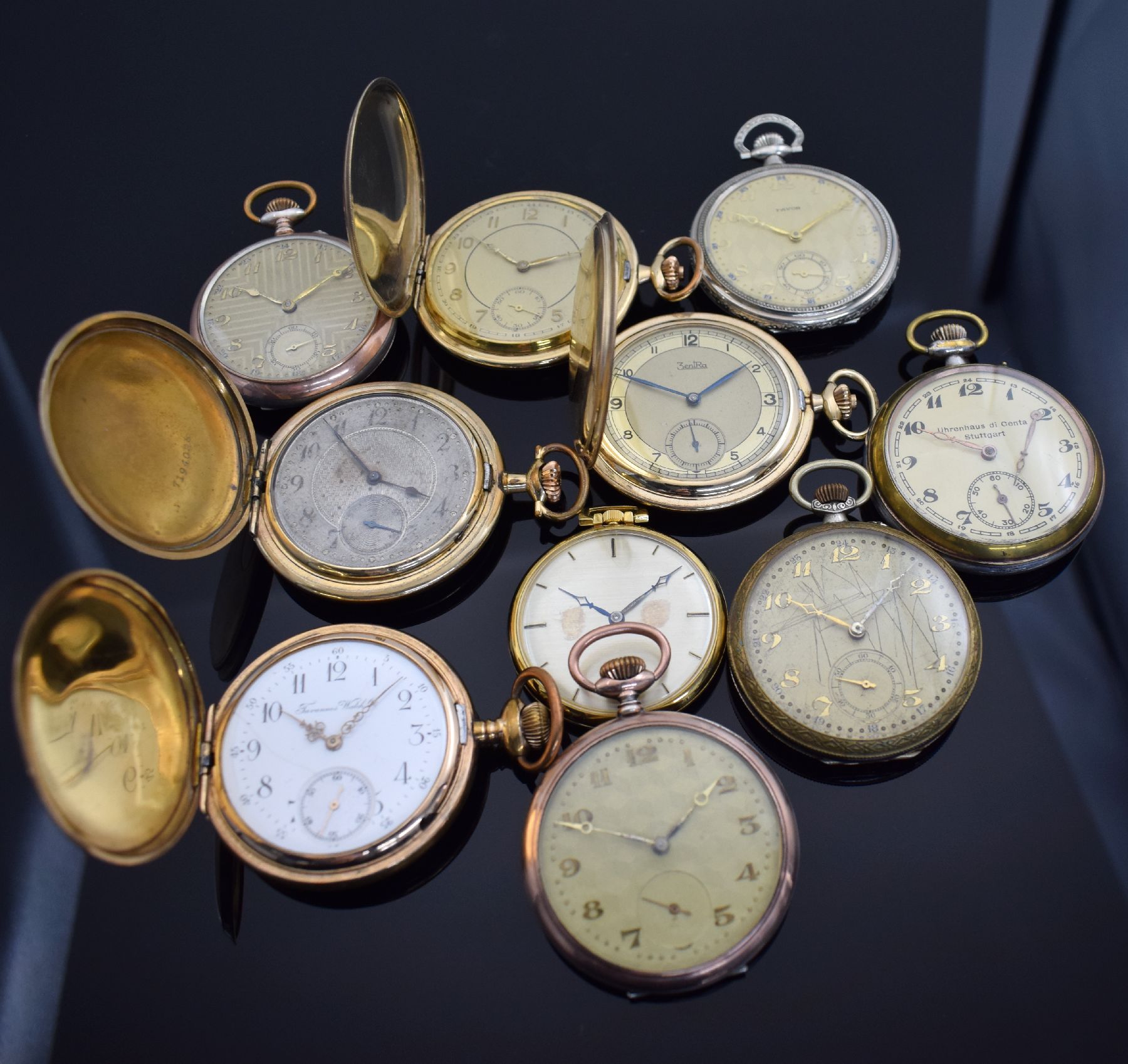 Konvolut: 10 Taschenuhren, Schweiz um 1900- 1930, Metallgehäuse, Metallblätter, versch. Designs, teils umgebaut, alles Ankerwerke, teilw. nicht ...