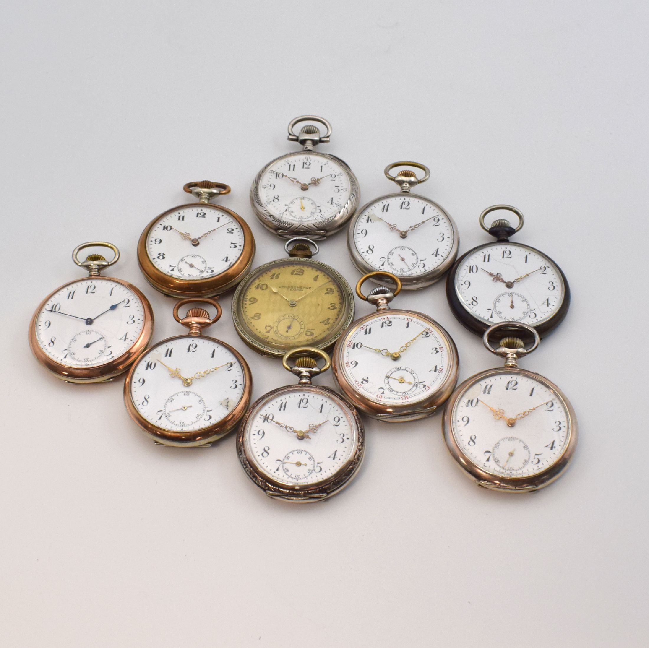 Konvolut: 10 Taschenuhren, Schweiz/Deutschland um 1890 - 1920, Anker- und Zylinderwerke, Silber- und Metallgehäuse, Emailblätter (riss./besch.), ...