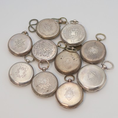 23449808c - Konvolut: 10 Taschenuhren, Schweiz um 1890, alle Silber u. Emailblätter (teils besch.), ...