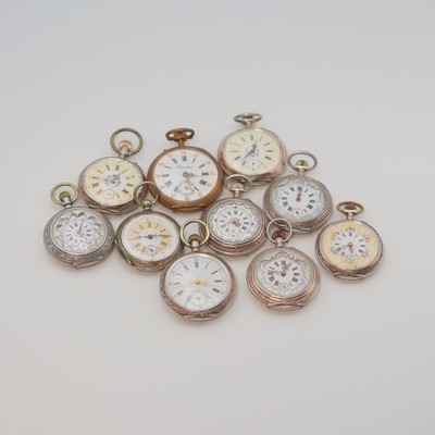 Image Set of 10 pocket watches, Switzerland around 1890, most silver cases, enamel dials ...