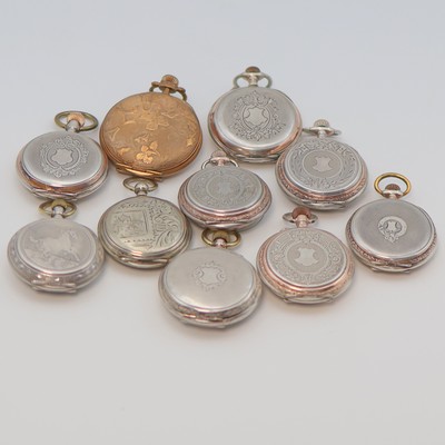 23449896c - Konvolut: 10 Taschenuhren, Schweiz um 1890, meist Silbergehäuse, Emailblätter (riss.) ...
