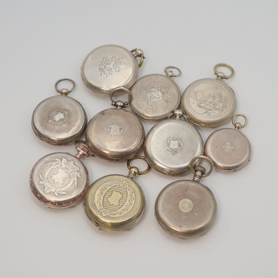 23449922c - Konvolut: 10 Taschenuhren, Schweiz um 1870- 1890, Silbergehäuse, meist Emailblätter ...