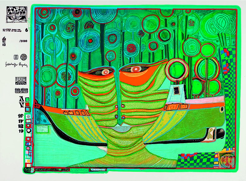 Hundertwasser, Friedensreich, 1928-2000, Kolumbus Regentag in Indien, Siebdruck mit Metallfolienprägung, num. 00079/3000, von 1979, Blattgr. ca. 49 ...
