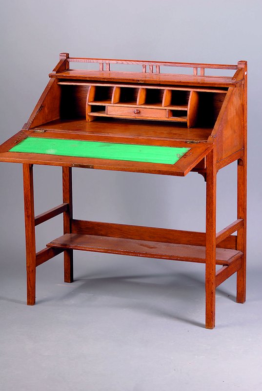 Damensekretär, deutsch, um 1904/06, WH/ Eiche massiv, 2 integr.Schubladen, Balustrade 7-fach versprosst, Schrägklappe, Inneneinrichtung, 7 ...