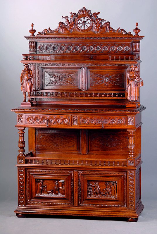 Aufsatzbuffet, Holland, um 1890, historizistisch, Eiche massiv, Front auf Rahmen gearb., reiche Schnitzereien m. Balustraden, Schuppen u. ...