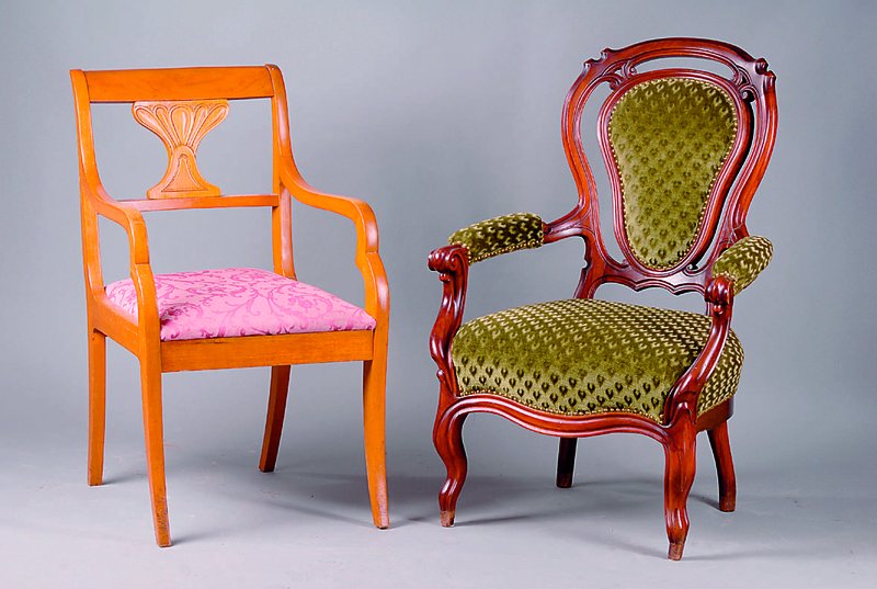 Stuhlsessel, deutsch, um 1905/10, Rüster massiv, im Biedermeierstil um 1830, Rücken m. Fächermotiv, Bezug a.d. Zeit, Gebr.-Sp., ca. 96x56x56 cm, ...