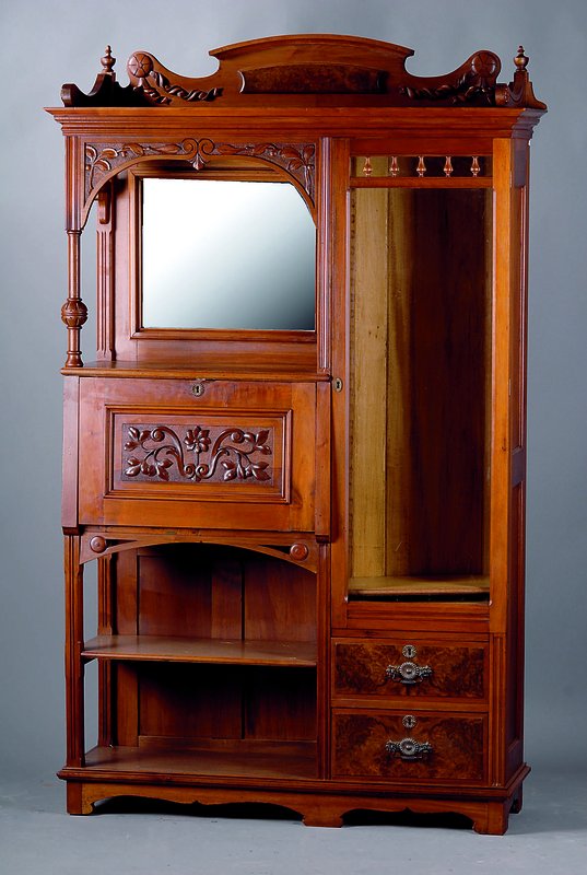 Vielzweckschrank, Holland, um 1895/1900, Korpus Hartholz, Mahagoni/Satinholz u. Wurzelnußfurnier, asymetrisch angeordnet, Vitrinenteil 2-schübig, ...