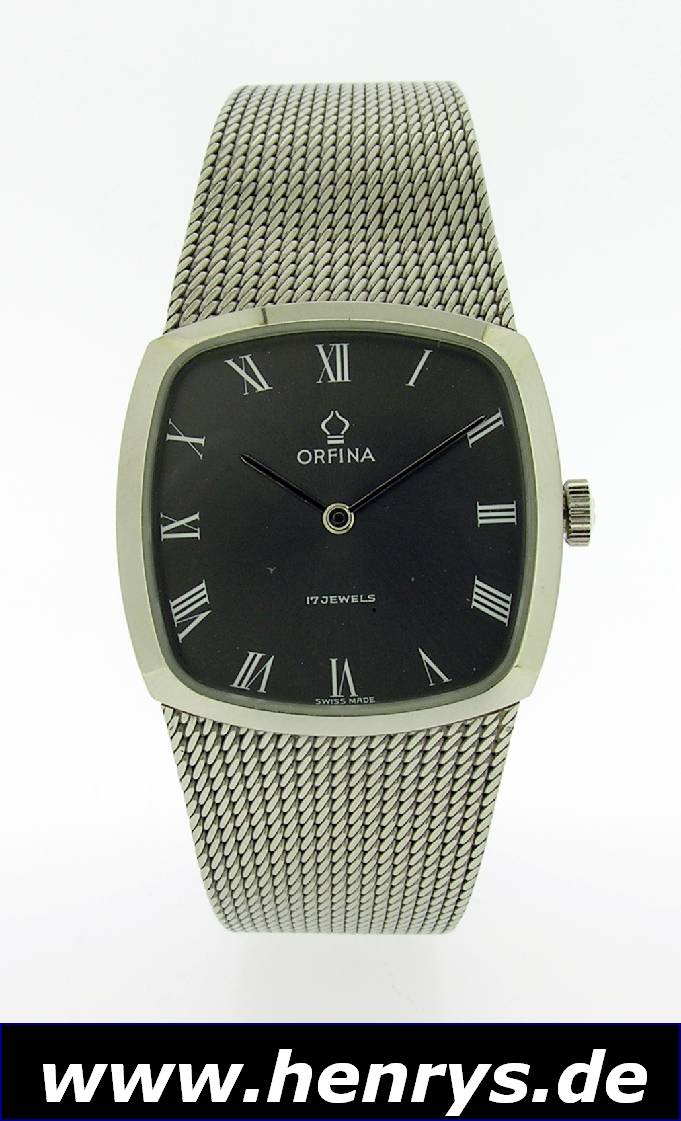 ORFINA Herrenarmbanduhr, zeitlos, Schweiz um 1970, Edelstahl inkl. Flechtband, Carree -Cambree-Form, Boden aufgedr., orig. Etui, Werk verg., 17 St., ...