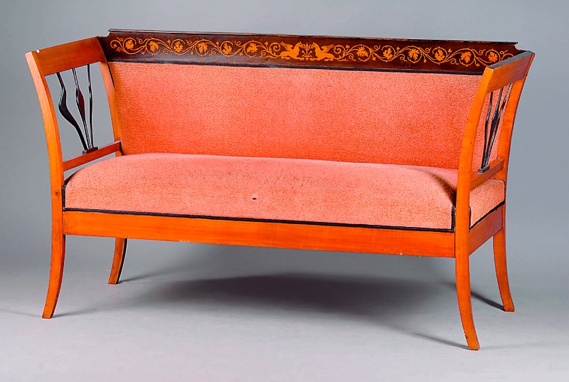 Detail a: Salon-Sitzgruppe, deutsch, Raum Dresden, um 1870-1890, nach Vorbild um 1810, Kirschbaum massiv und furniert mit Schablonenmalerei auf den Lehnen, ...