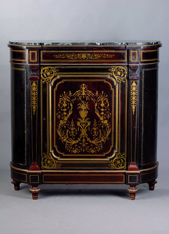 Eintüriger Schrank, Frankreich, Napoleon III, um 1870, Eiche massiv/Furnier, Front Teakholz geschwärzt, Fadenintarsien in Form v.Rocaillen u. ...