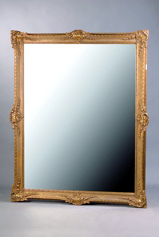 Barockstilspiegel, deutsch, Rahmen um 1900, teilvergoldet, Spiegelglas erneuert, Stuck im Barockstil, Akanthusblatt u. Gierlandenverz., prunkvoll, ...