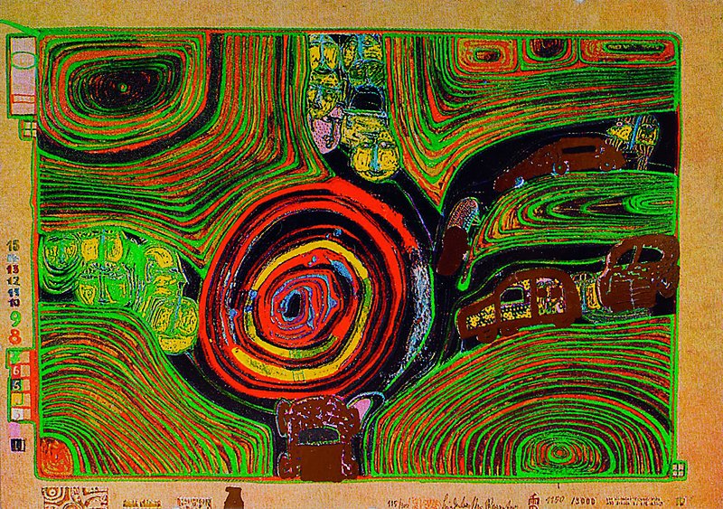 Hundertwasser, Friedensreich, 1928-2000, Präge-Multiple, handsigniert rückseitig, Titel: Kreisverkehr von 1978, ca. 10 x 15 cm, unter Glas gerahmt