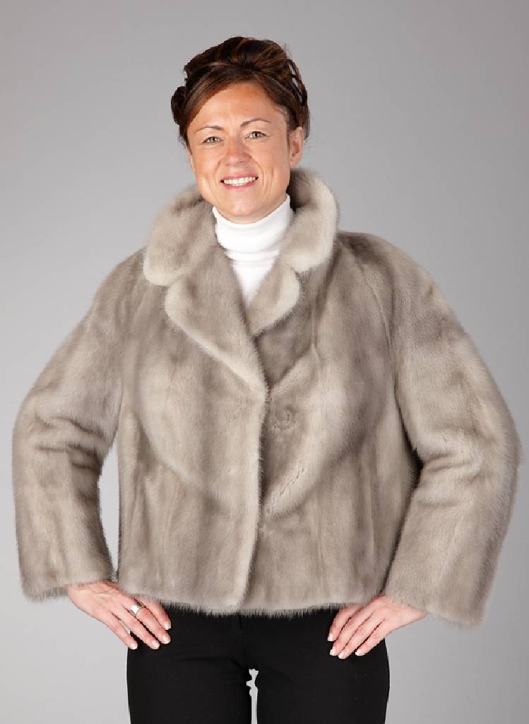 Graue Nerz-Cocktail-Jacke, Gr. ca. 36/38, graues Innenfutter, 2 Einschubtaschen, Rückenl. ca. 55 cm