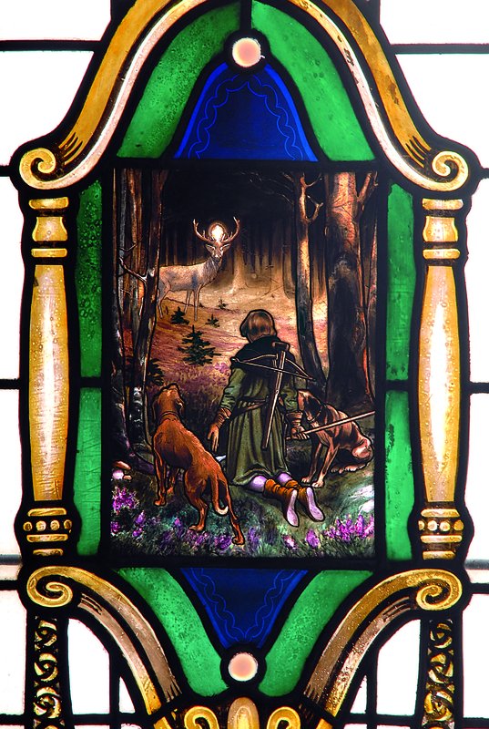 Detail a: Gr.Bleiglasfenster, deutsch, um 1900/05, mit Oberlicht, bunte Bleiverglasung, zwei Scheiben mit Emailbemalung, Diana mit Jagdhunden und St. Hubertus, ...