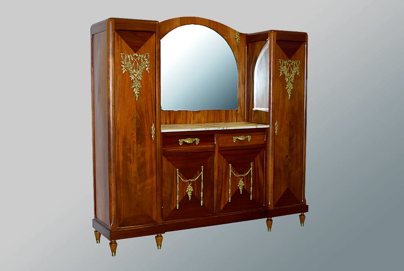 Detail b: Esszimmer best. aus: Anrichte, Tisch und 6 Stühle, Frankreich, 20/30er Jahre, Anrichte Mahagoni, Oberteil verspiegelt, Tisch u. Stühle Palisander, ...