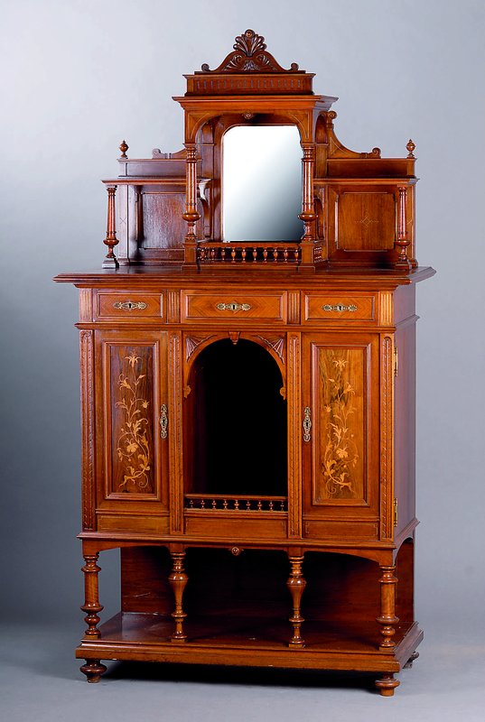 Aufsatzvertiko, Frankreich, um 1880, Gründerzeit, Korpus WH, Nußbaumfurnier, Ahornintarsien auf Wurzelnußfurnier, Schuppendekor, Lisenen gerillt, ...