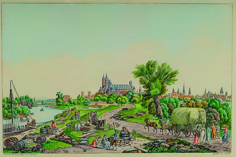 Konvolut Holzstich bzw. Lithografie, 1x Ansicht von Speyer, nach L. Janscha, mit reicher Personenstaffage, geschäftliches Treiben vor den ...
