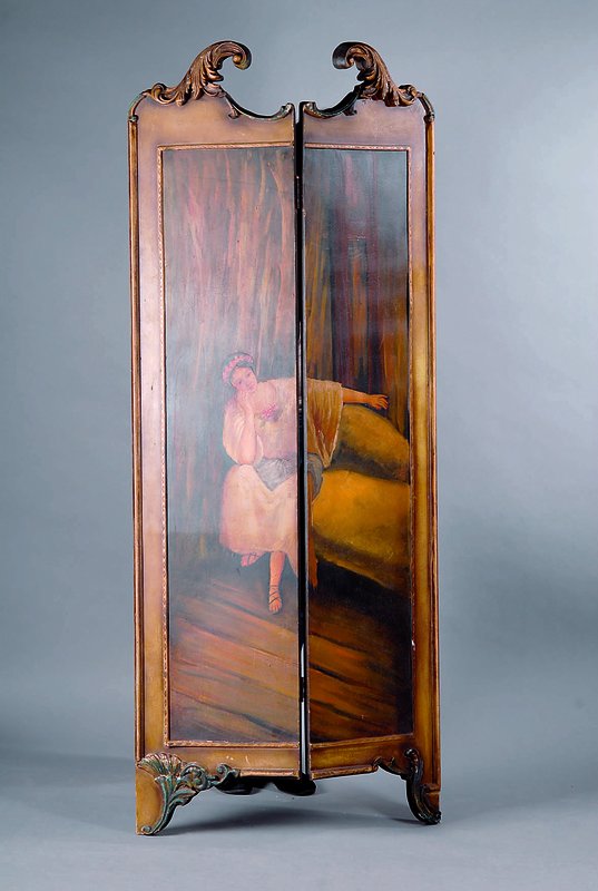 Paravant, n.ital.Vorbild von 1770, Buche/ WH, bunt gefasst, m.bildlicher Darst., teilw.besch., st.Gebr.-Sp., ca.186x81cm